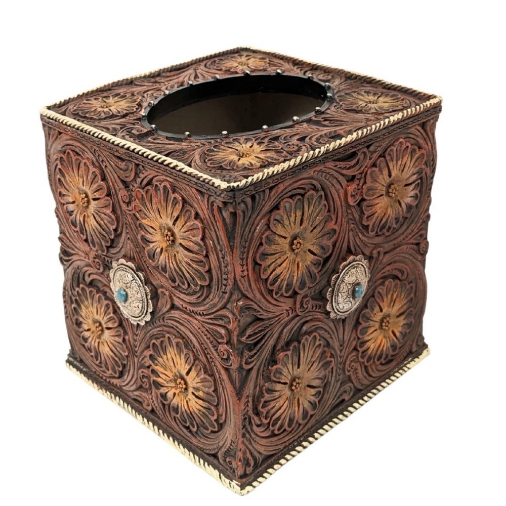 Western Southwestern Tissue Box Cover Floral Turquoise Concho Cowboy Ranch Decor